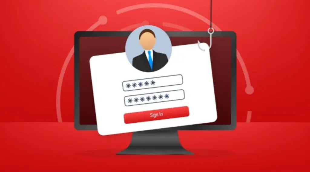 A fishing hook pulls a sign-in form from a computer screen, illustrating phishing for login credentials.