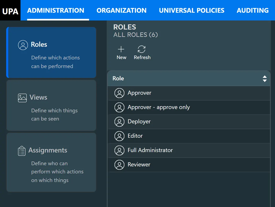 The Administration tab: Roles, Views and Assignments, with the built-in roles Approver, Deployer, Editor, Full Administrator and Reviewer listed.
