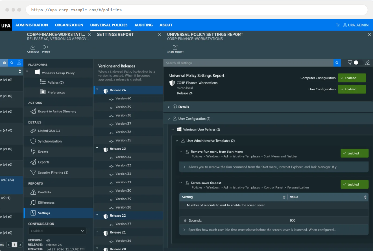 Screenshot of a policy management dashboard with left navigation, a middle versions list (Release 24, Release 23, etc.), and a right details pane titled 'Universal Policy Settings Report' showing enabled statuses.
