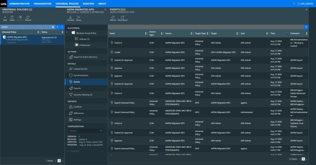 A policy migrated out of AGPM, showing its imported history: check-ins carrying the original AGPM comments, submissions, approvals, and deployments still credited to the AGPM approver account.