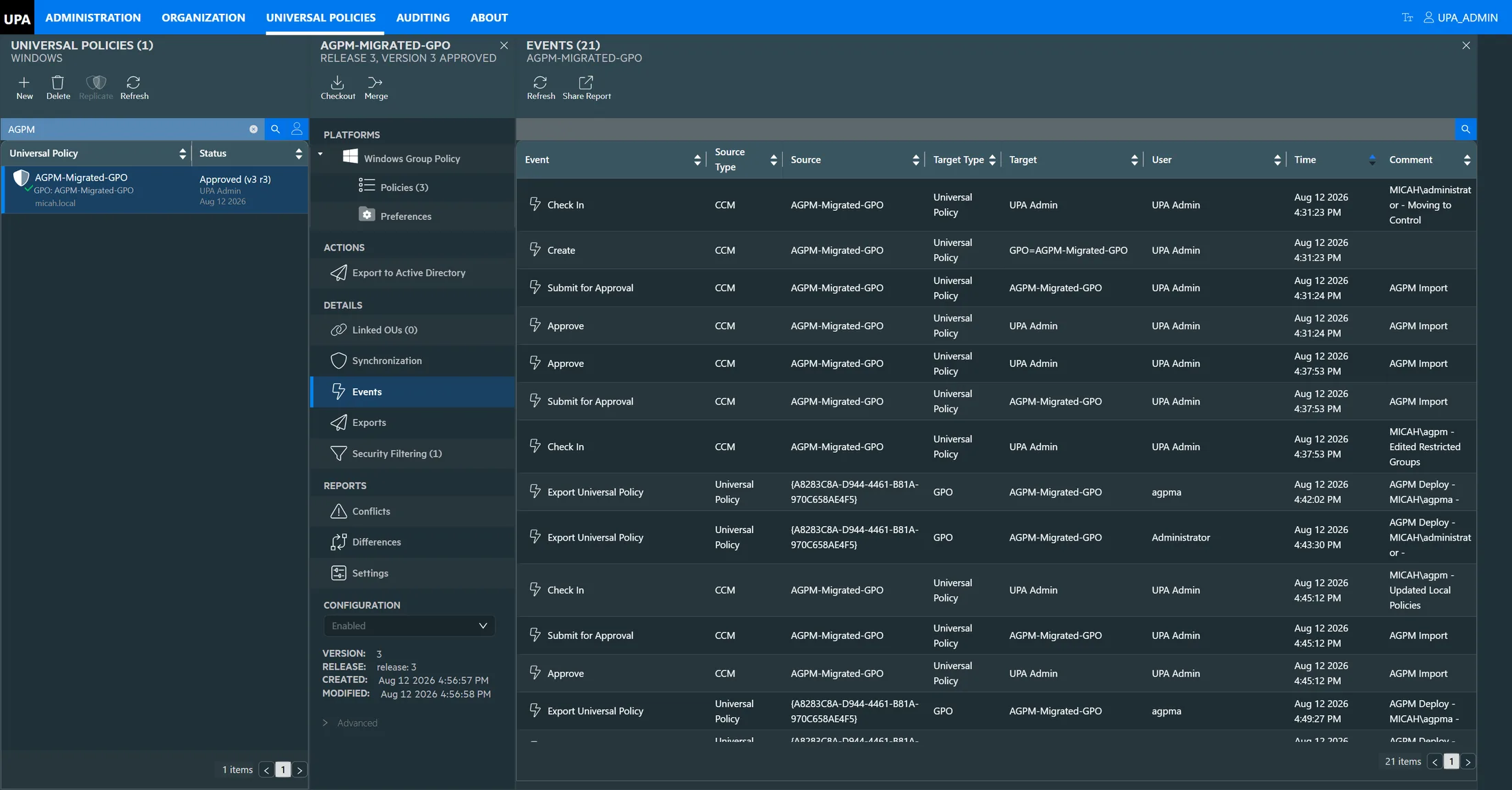 A policy migrated out of AGPM, showing its imported history: check-ins carrying the original AGPM comments, submissions, approvals, and deployments still credited to the AGPM approver account.